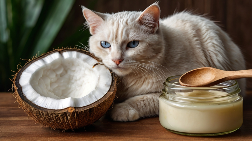 Kokosöl in einem Glas mit einem Löffel – eine natürliche Pflegeoption für Katzen.