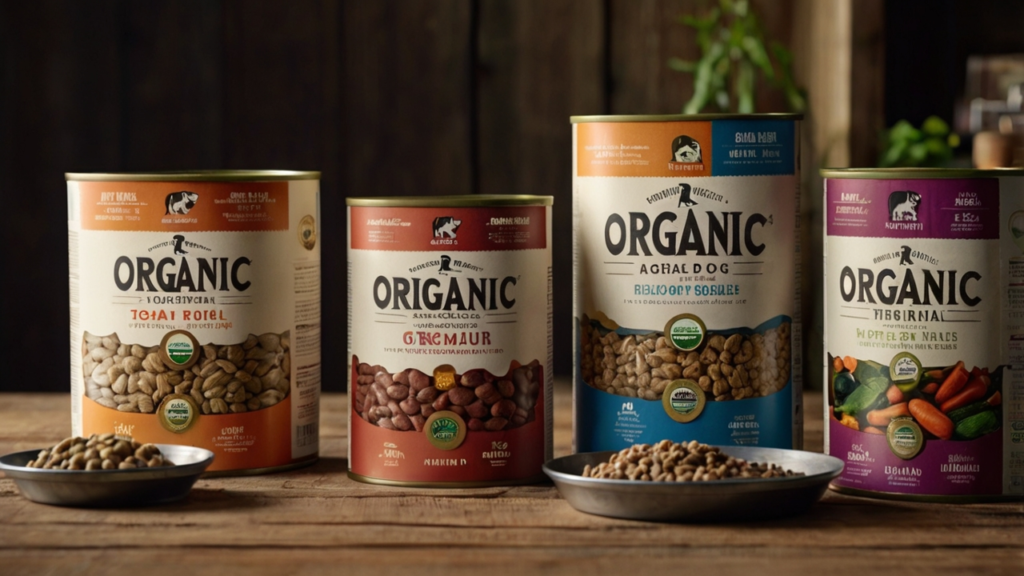 Verschiedene Marken von Bio Hundefutter ohne künstliche Zusätze im Vergleich, dargestellt mit Verpackungen und natürlichen Zutaten.