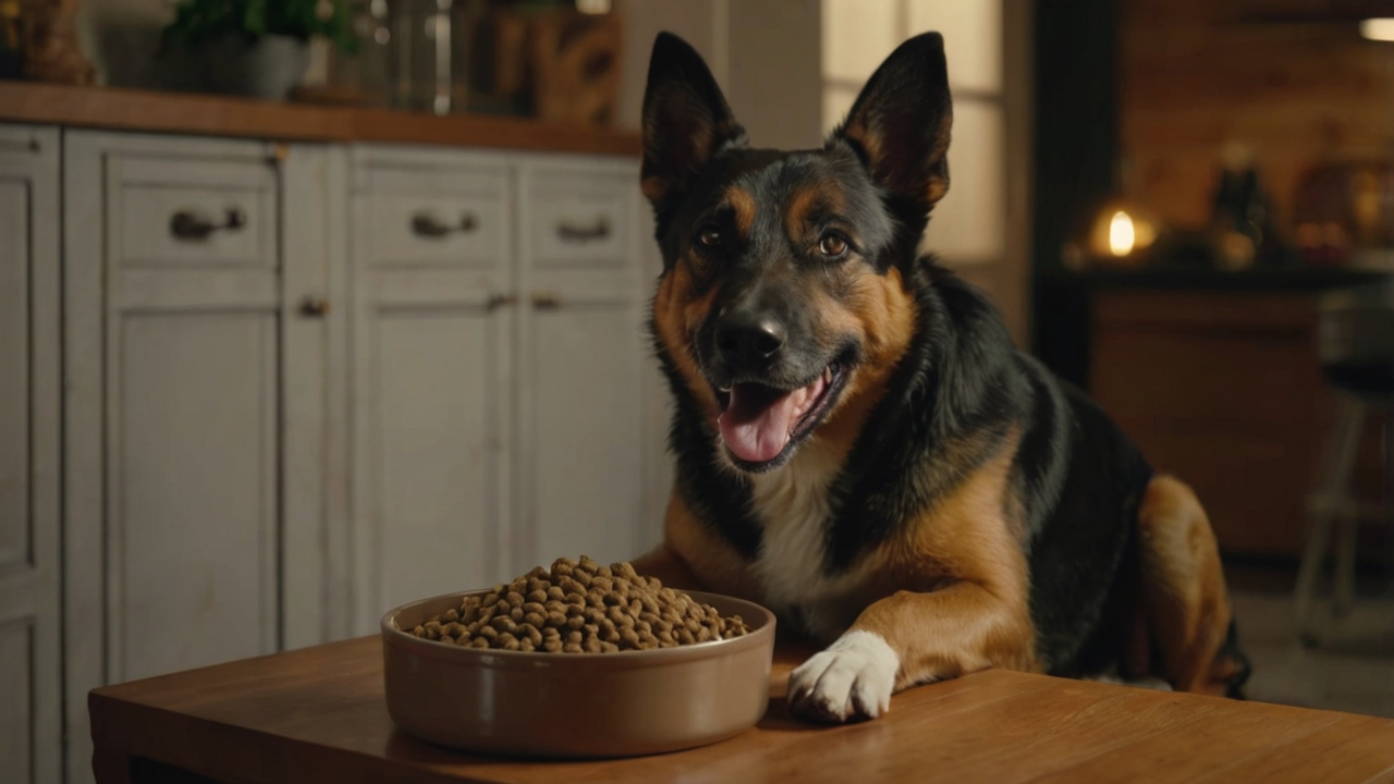 Ein gesunder Hund frisst Bio Hundefutter ohne künstliche Zusätze aus einer Futterschüssel.