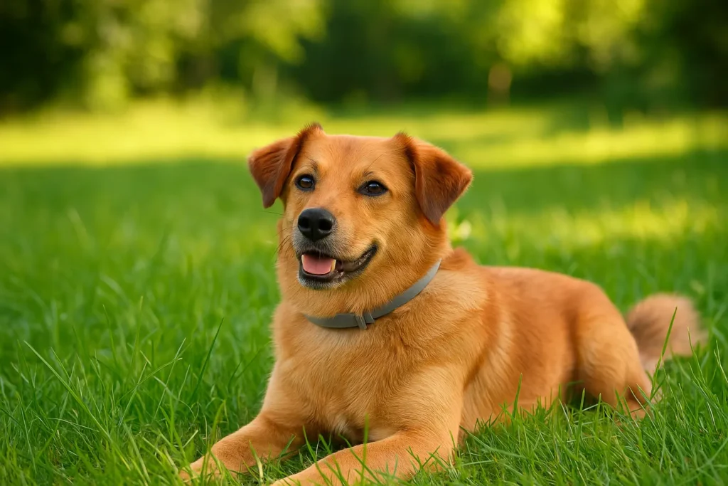 Hund liegt entspannt im Gras mit Zeckenschutz-Halsband