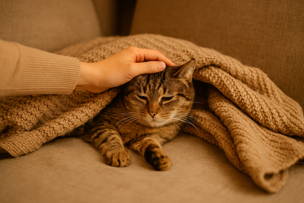 Katze mit Durchfall wird von Halter*in umsorgt