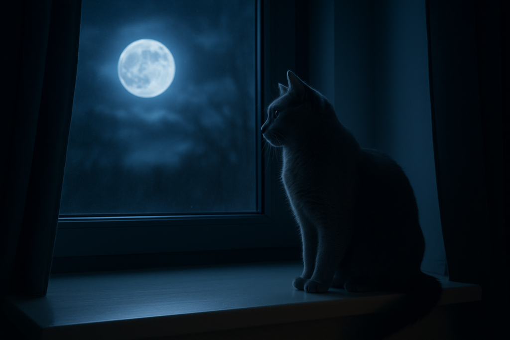Graue Katze auf Fensterbank bei Mondschein – Symbol für Namen wie „Luna“