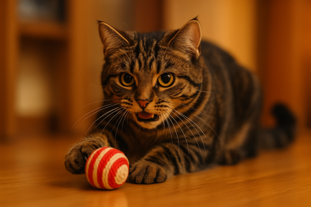 Frecher getigerter Kater mit Spielzeug – passend zum Namen „Loki“