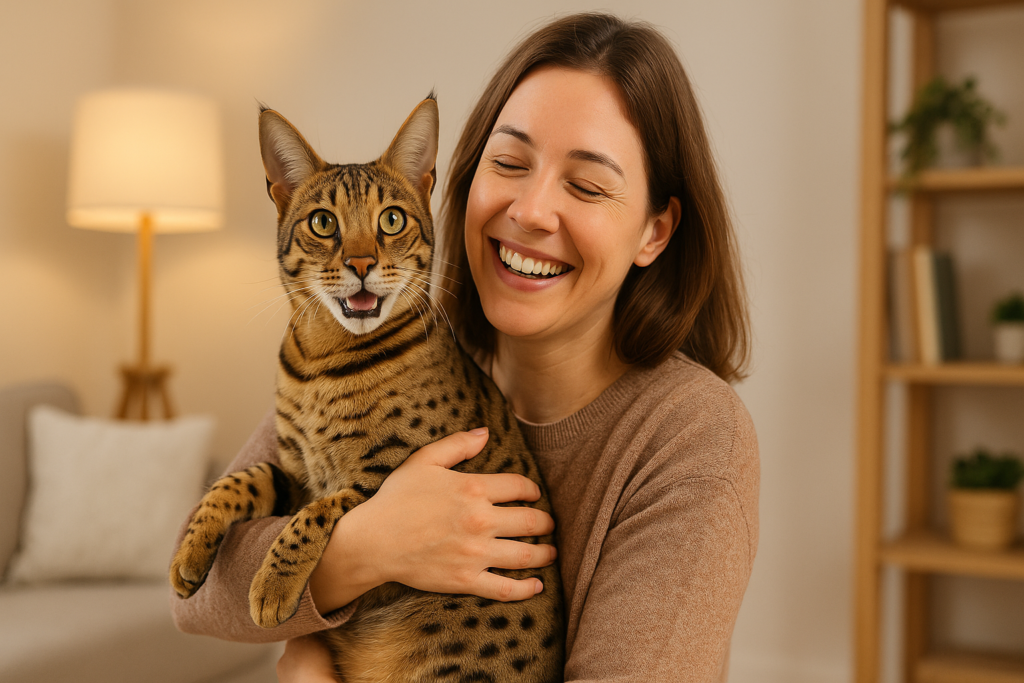 Happy cat owner with their healthy Savannah cat after treatment.