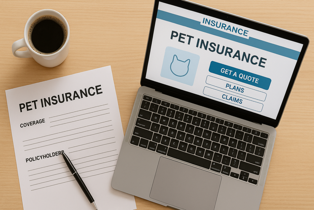 Pet insurance documents and laptop showing insurance options for cats.