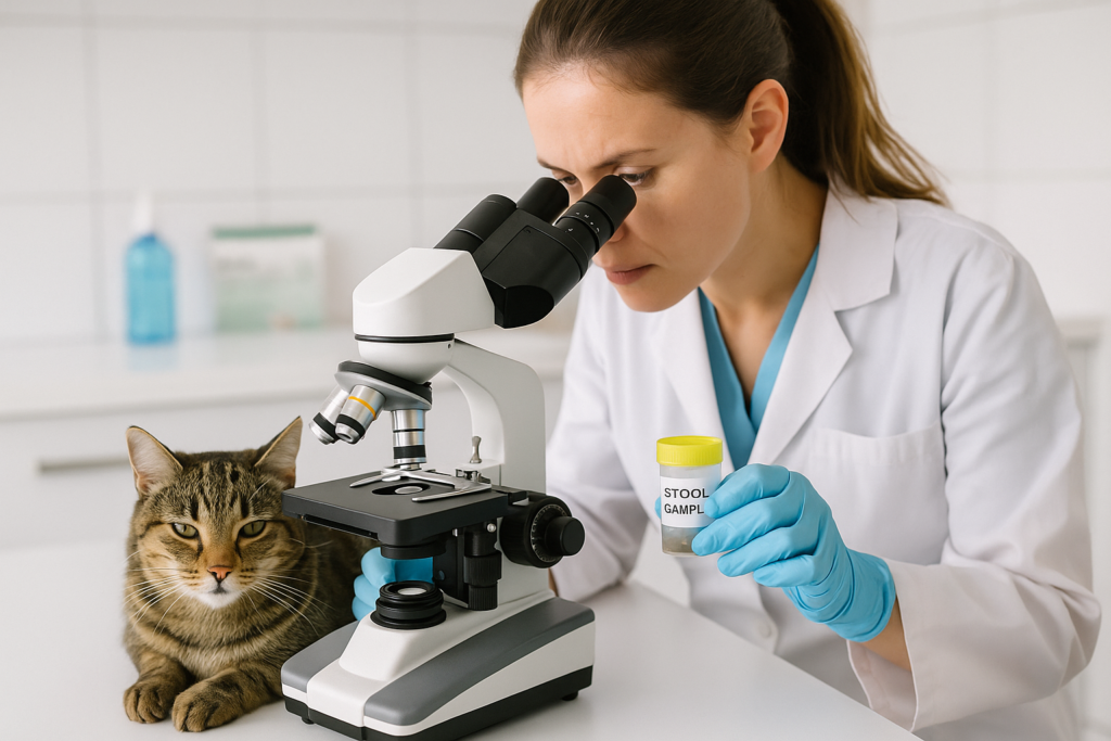Tierarzt untersucht Kotprobe einer Katze