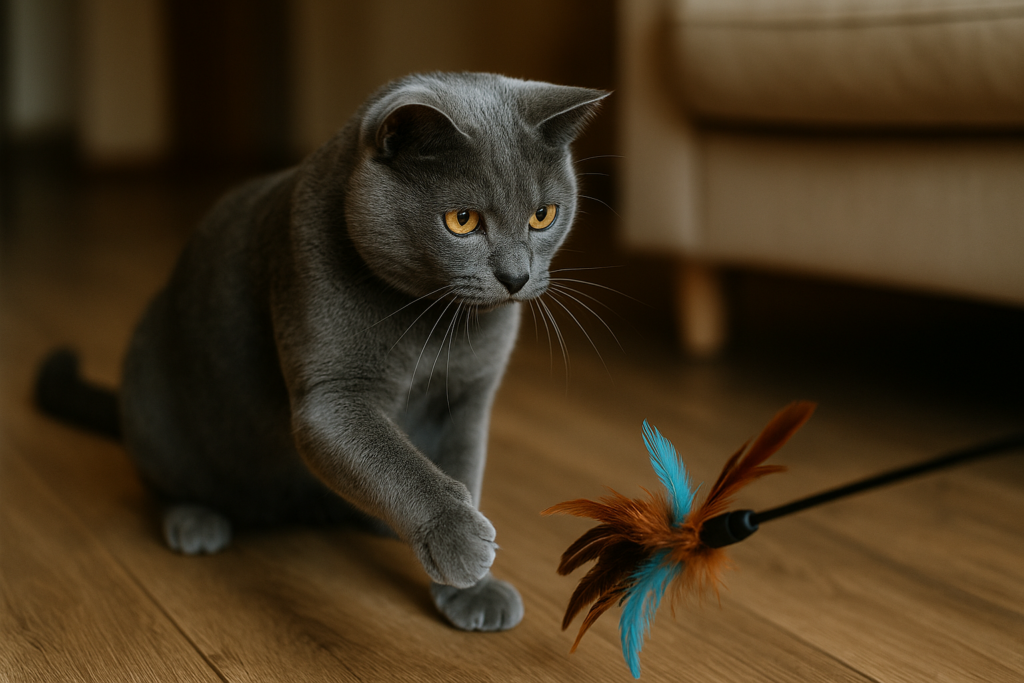Kartäuser Katze spielt mit einer Katzenangel