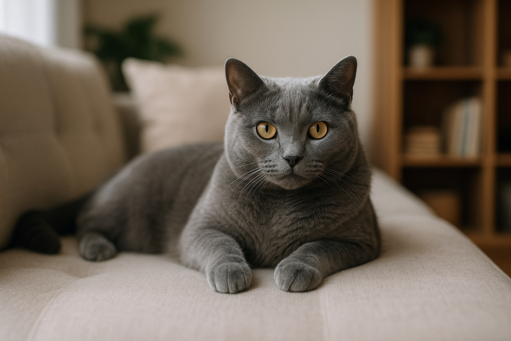Kartäuser Katze liegt entspannt auf einem Sofa