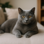 Kartäuser Katze: liegt entspannt auf einem Sofa