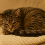 Katze mit müdem Blick liegt zusammengerollt auf einer Decke