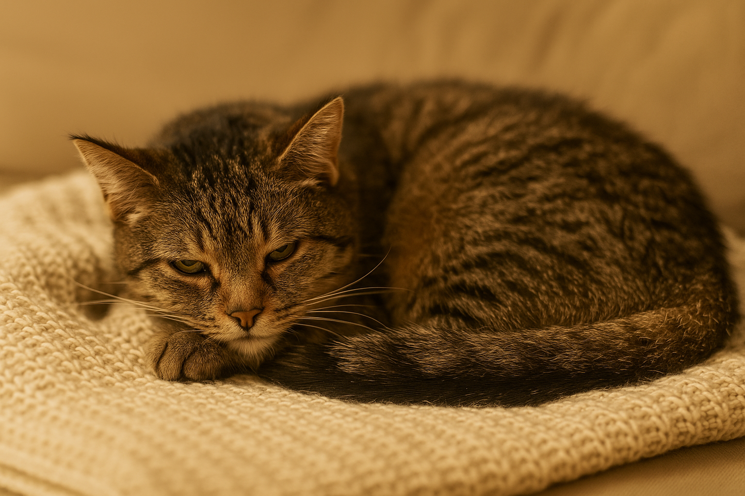 Katze mit müdem Blick liegt zusammengerollt auf einer Decke