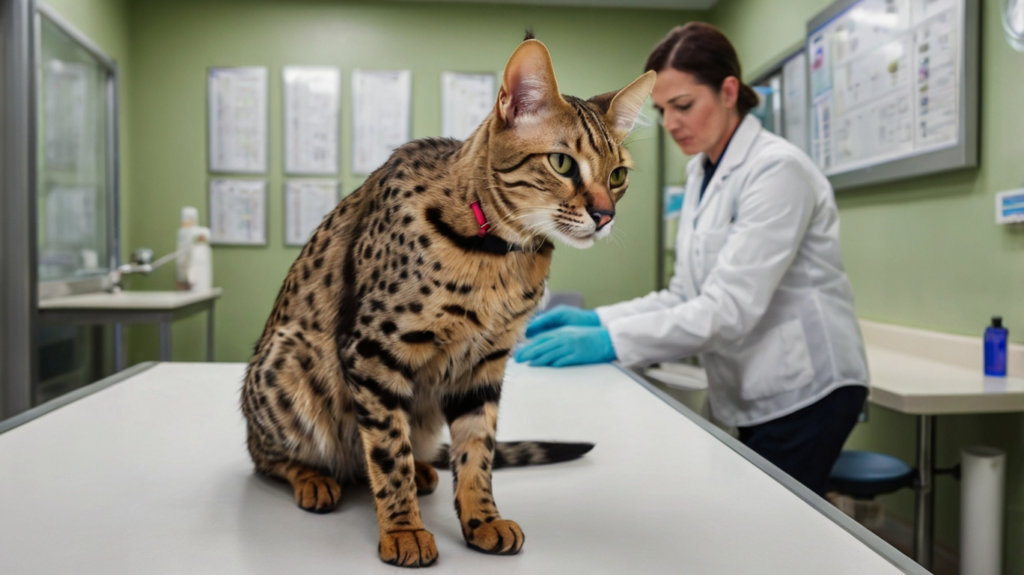 Savannah cat receiving veterinary care in a modern clinic.