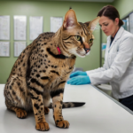 Savannah cat receiving veterinary care in a modern clinic.