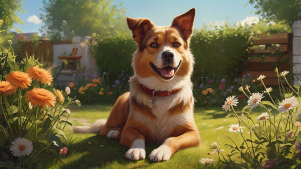 Hund mit Juckreiz kratzt sich an der Pfote im sommerlichen Garten