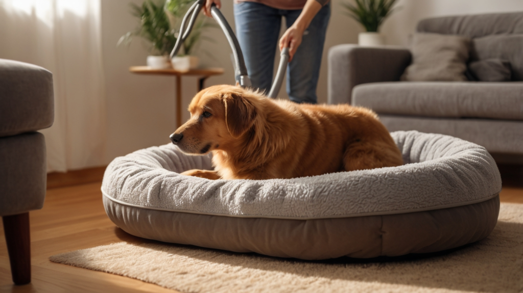 Hundebett wird gründlich gereinigt zur Vorbeugung gegen Grasmilben