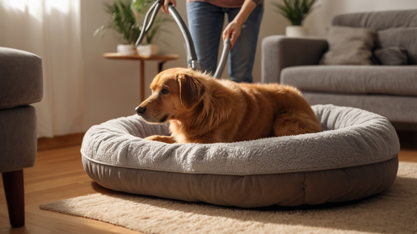 Hundebett wird gründlich gereinigt zur Vorbeugung gegen Grasmilben