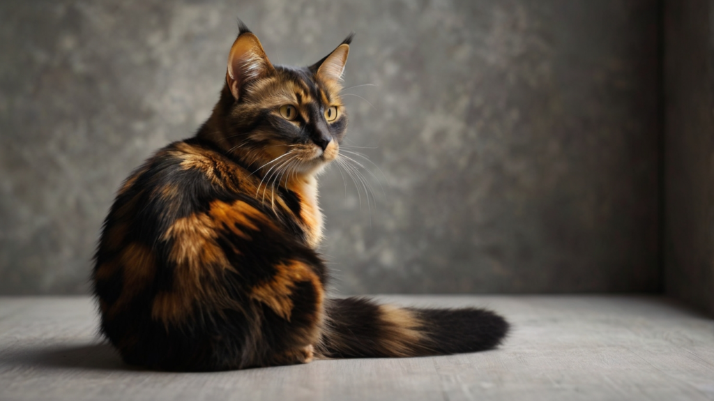 Schildpatt Katze mit einzigartigem Fellmuster in Nahaufnahme