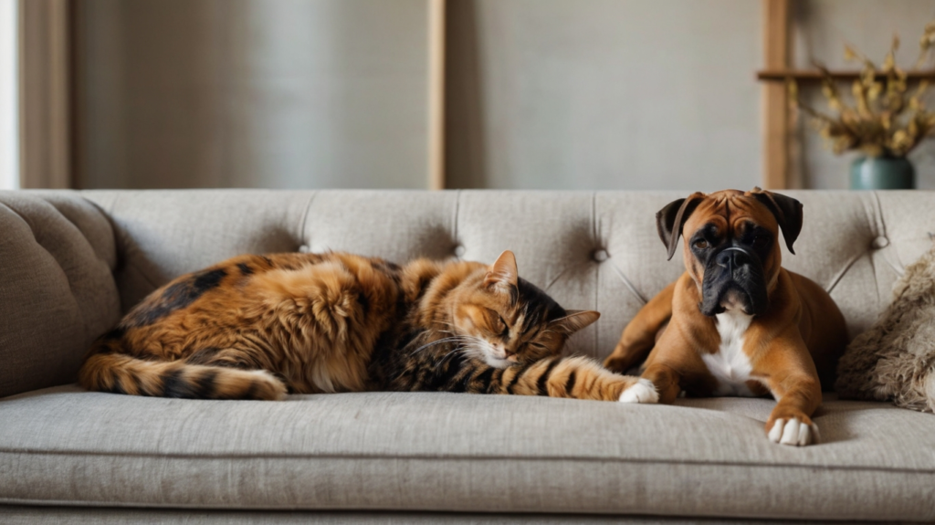 Schildpatt Katze liegt neben einem Boxer Hund auf dem Sofa