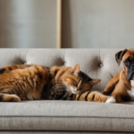 Schildpatt Katze liegt neben einem Boxer Hund auf dem Sofa