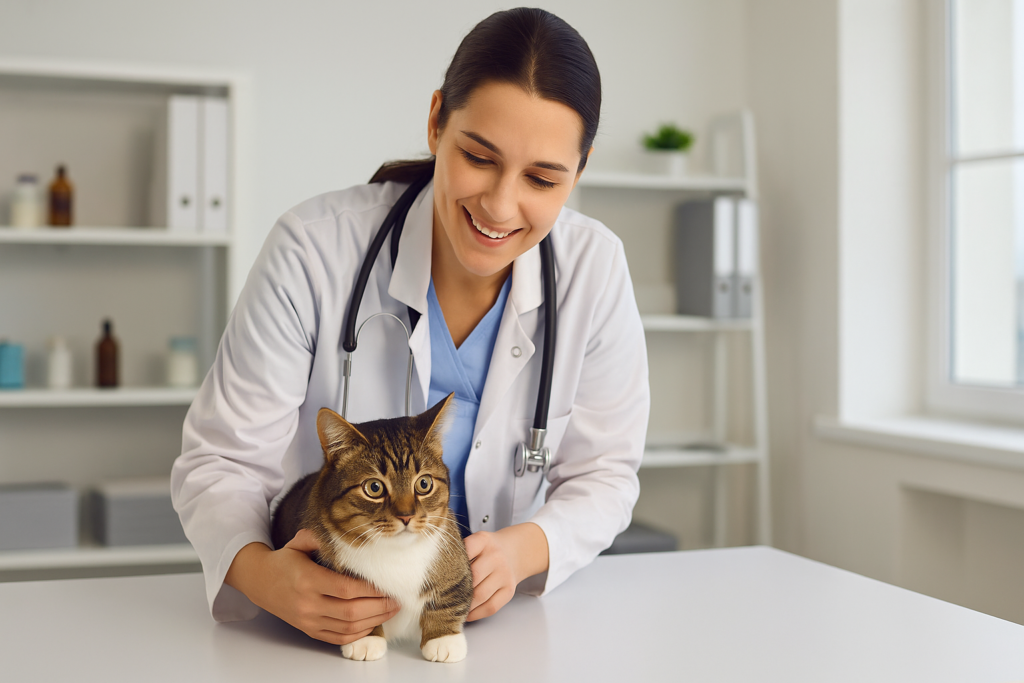 Tierarzt untersucht Munchkin Katze auf einem Untersuchungstisch