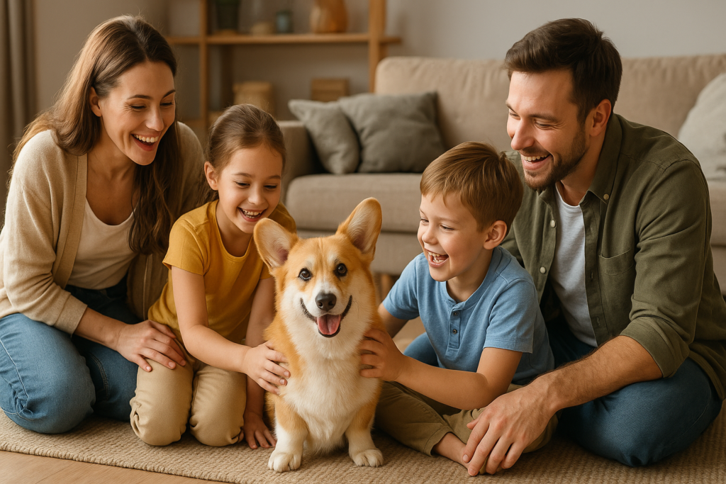 Eine Familie mit zwei Kindern spielt fröhlich mit einem süßen Hund im Wohnzimmer.