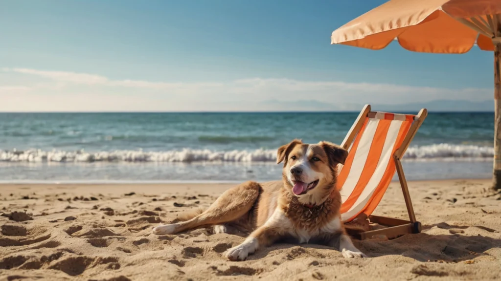 Hund liegt entspannt unter einem Sonnenschirm am Strand