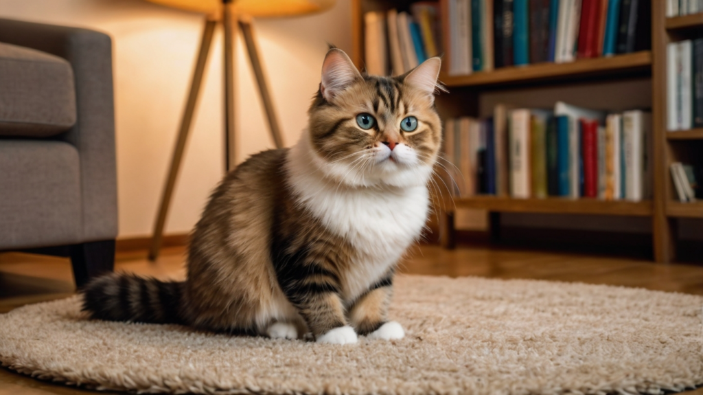 Munchkin Katze mit kurzen Beinen sitzt auf einem Teppich im Wohnzimmer