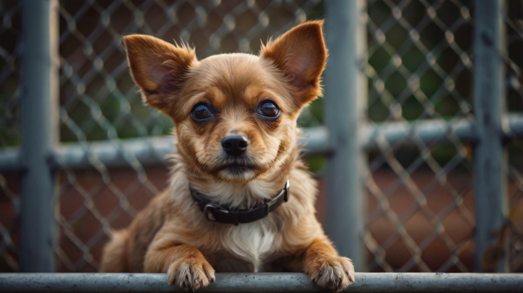 Ein süßer Hund sitzt traurig, aber hoffnungsvoll hinter einem Gitter im Tierheim.