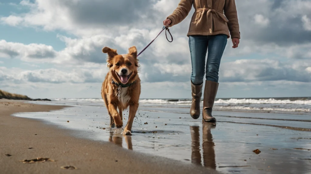 Hund läuft mit Leine am Hundestrand entlang