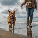 Hund läuft mit Leine am Hundestrand entlang