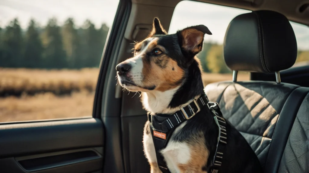 Hund sitzt gesichert mit Gurt auf dem Rücksitz eines Autos