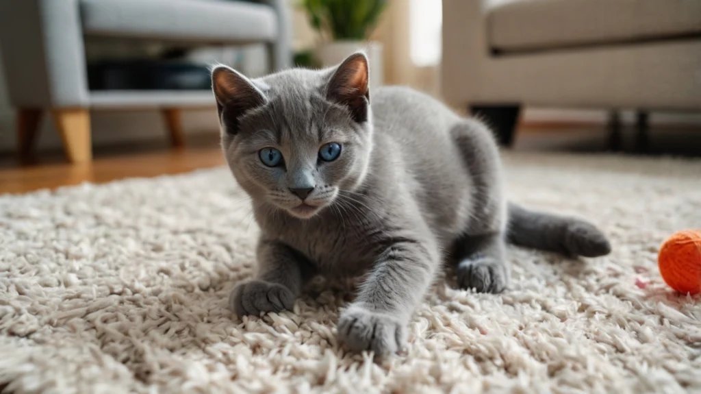 Verspieltes Russisch Blau Kitten mit Intelligenzspielzeug