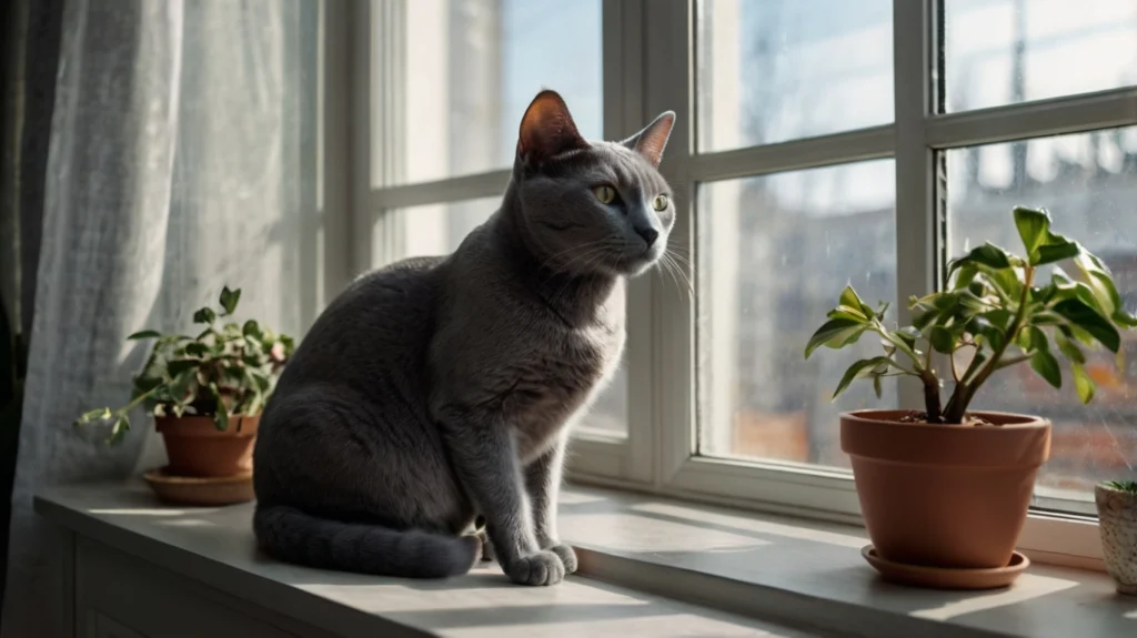 Russisch Blau Katze entspannt in heller Wohnung