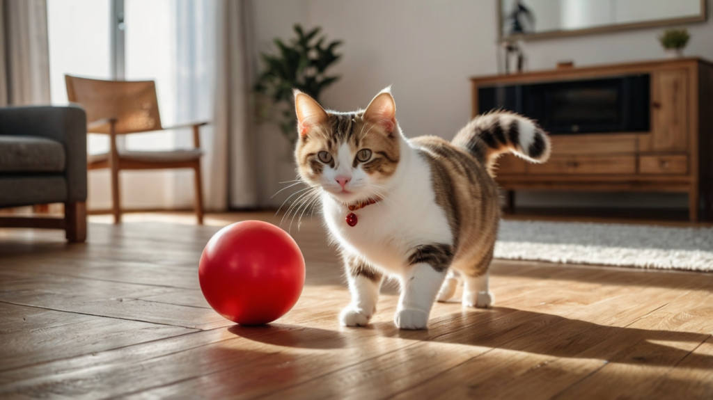 Zwei Munchkin Katzen spielen gemeinsam mit einem Ball im Wohnzimmer
