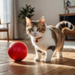 Zwei Munchkin Katzen spielen gemeinsam mit einem Ball im Wohnzimmer