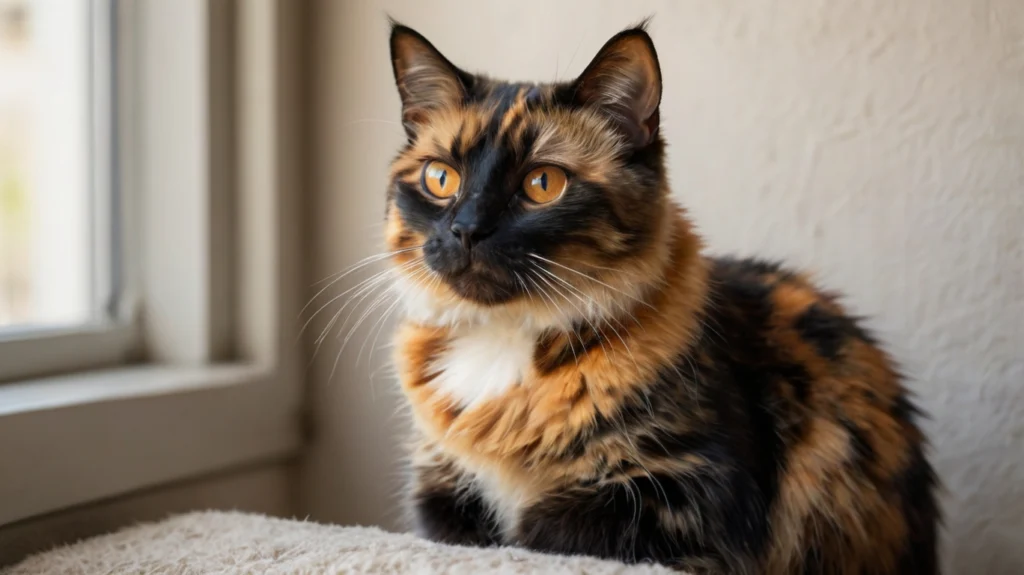 Nahaufnahme einer Schildpatt Katze mit buntem Fellmuster