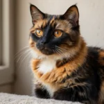 Nahaufnahme einer Schildpatt Katze mit buntem Fellmuster