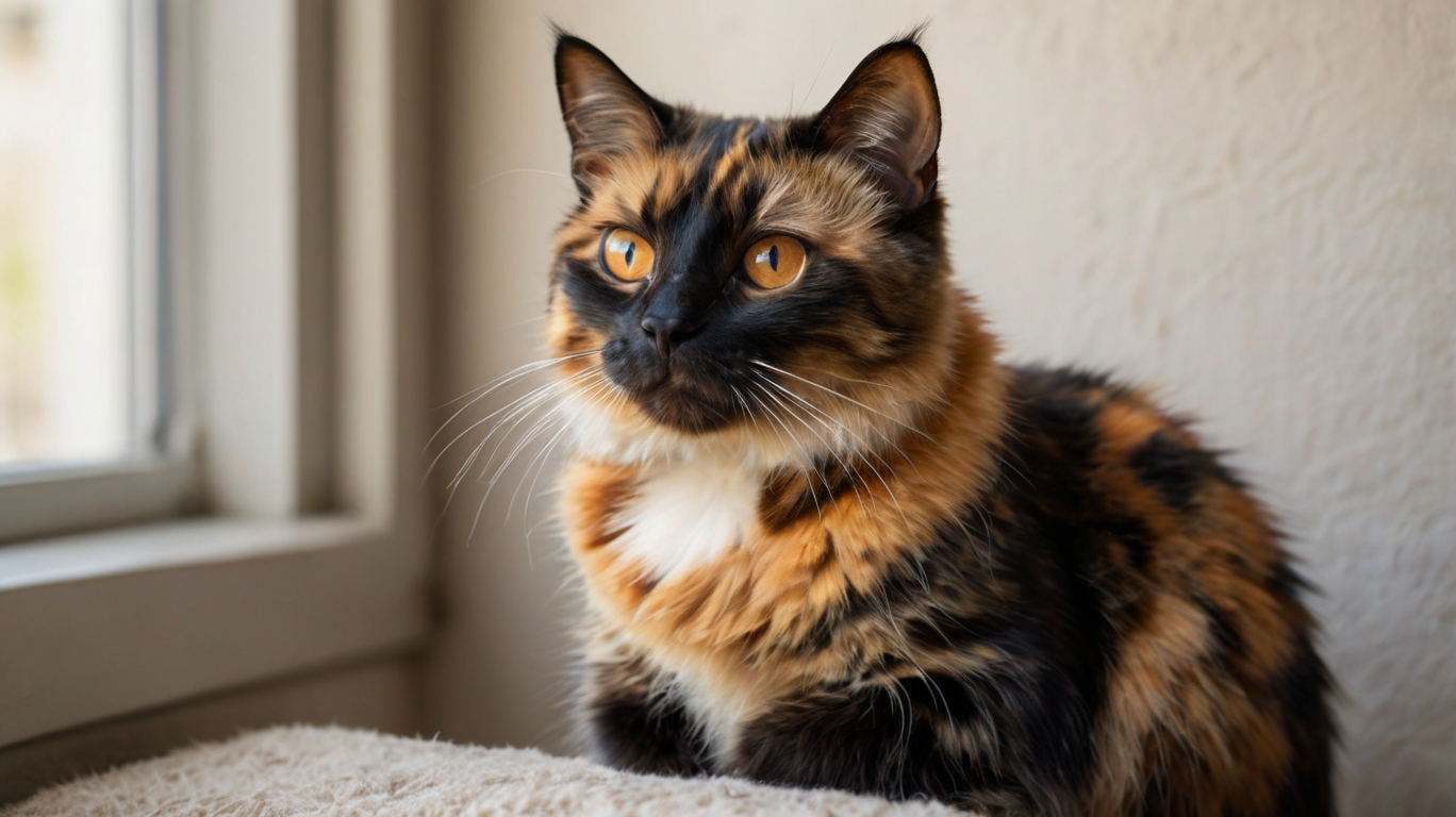 Nahaufnahme einer Schildpatt Katze mit buntem Fellmuster