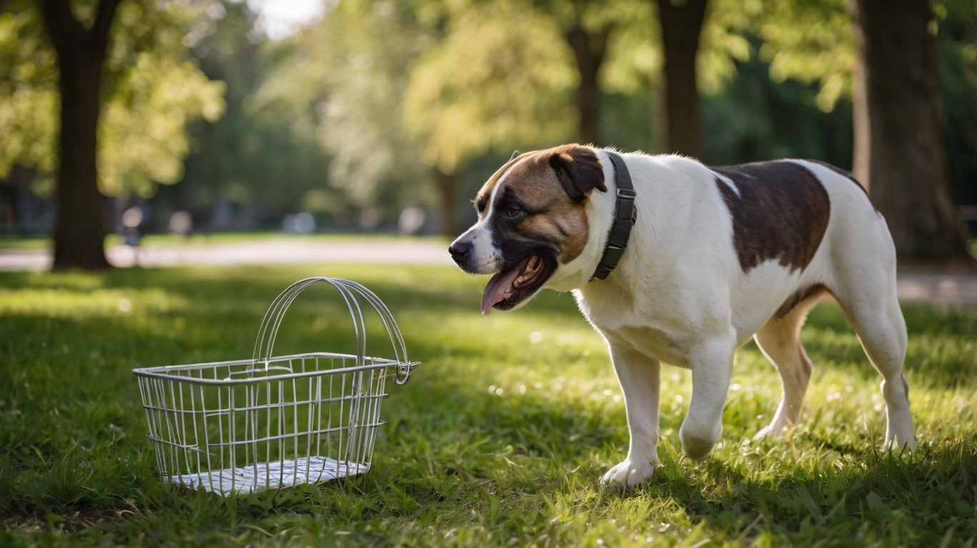 Hund mit komfortablem Gittermaulkorb beim Spaziergang