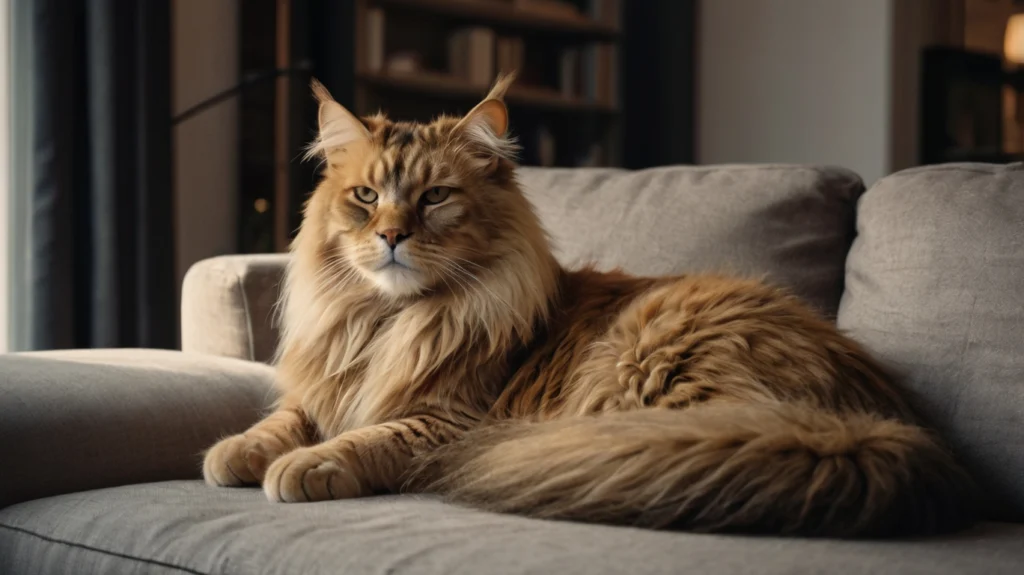 Maine Coon Katze liegt entspannt auf dem Sofa im Wohnzimmer