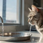 Katze trinkt viel Wasser aus einem Napf in der Küche