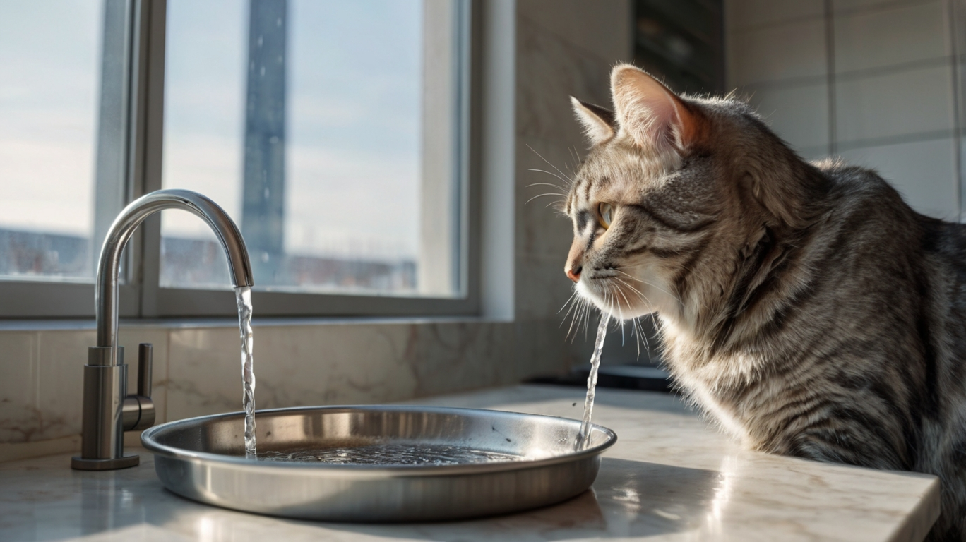 Katze trinkt viel Wasser aus einem Napf in der Küche