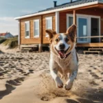 Hund spielt am Ostseestrand neben einem Ferienhaus