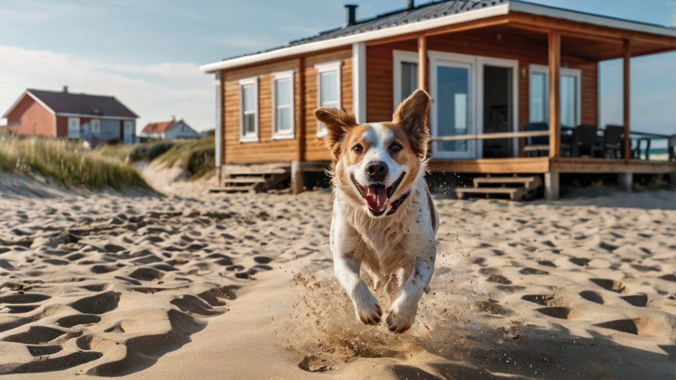 Hund spielt am Ostseestrand neben einem Ferienhaus