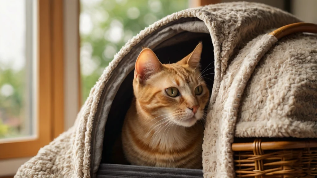 Katze schnuppert neugierig an offener Transportbox mit Vetbed‑Decke im Wohnzimmer