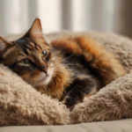 Schildpatt Katze entspannt sich auf einem weichen Kissen im Wohnzimmer