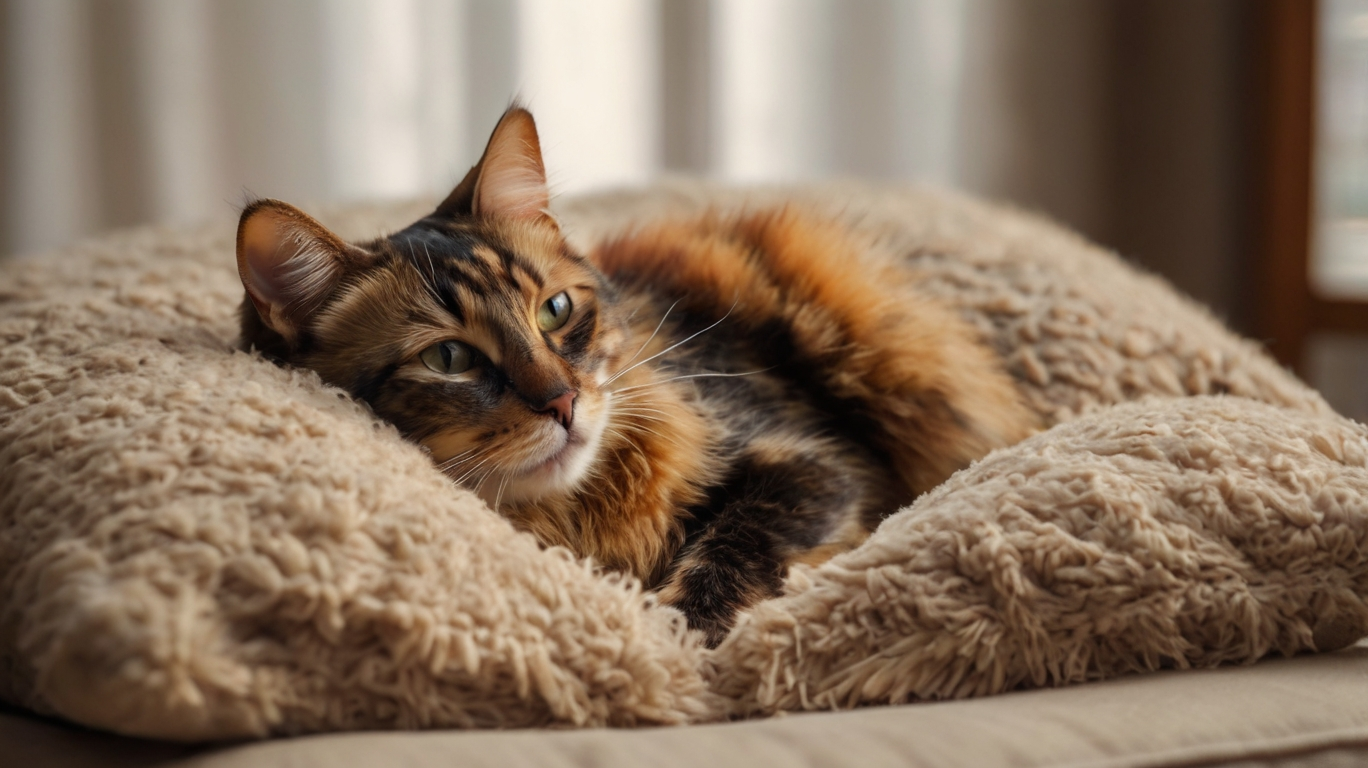 Schildpatt Katze entspannt sich auf einem weichen Kissen im Wohnzimmer