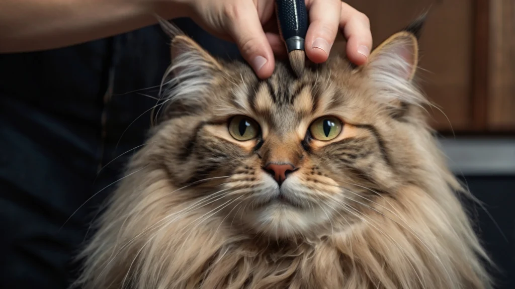 Person bürstet das lange Fell einer Maine Coon Katze