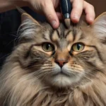Person bürstet das lange Fell einer Maine Coon Katze