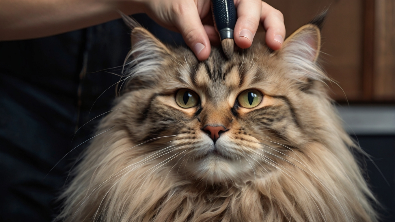 Person bürstet das lange Fell einer Maine Coon Katze
